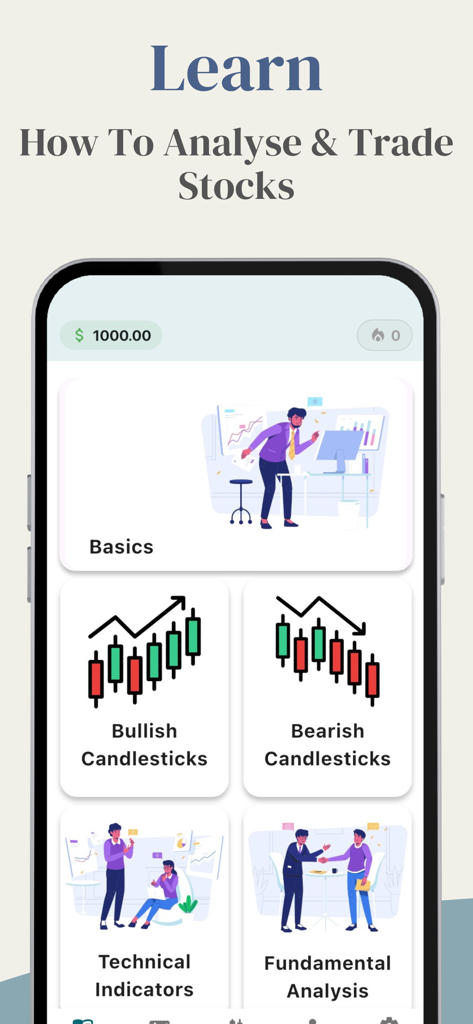 Interface d'une application mobile pour apprendre à analyser et trader des actions avec des modules pour les figures en chandeliers et les indicateurs techniques.