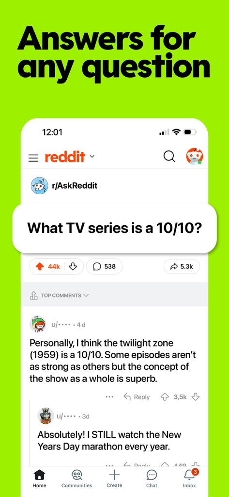 Reddit app interface showing a community discussion thread with the headline Answers for any question