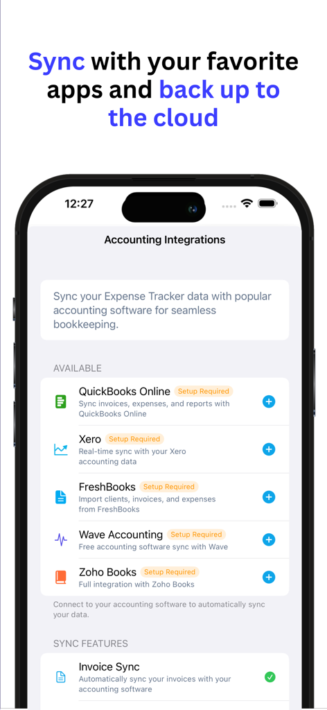 A smartphone showing accounting software integration options including QuickBooks, Xero, and FreshBooks for syncing expenses.