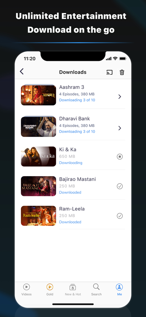 MX Player app interface showing the downloads section with movies and web series saved for offline viewing