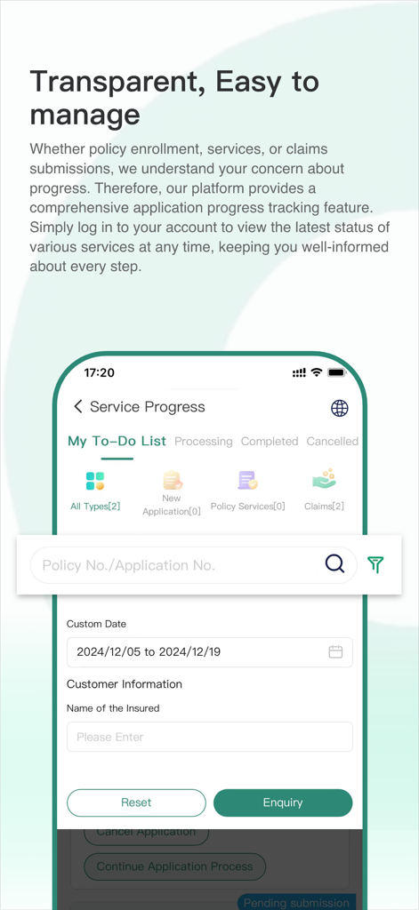 OneService App - OneService App screen displaying insurance policy service progress and claims status tracking.
