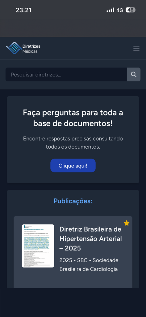 Diretrizes da Cardiologia - Interface of the Diretrizes da Cardiologia app showing medical search and clinical publications
