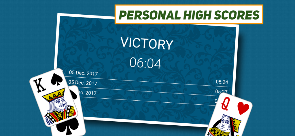 Sieg-Bildschirm von FreeCell Solitaire mit persönlichen Highscores und einem Abschluss-Timer.