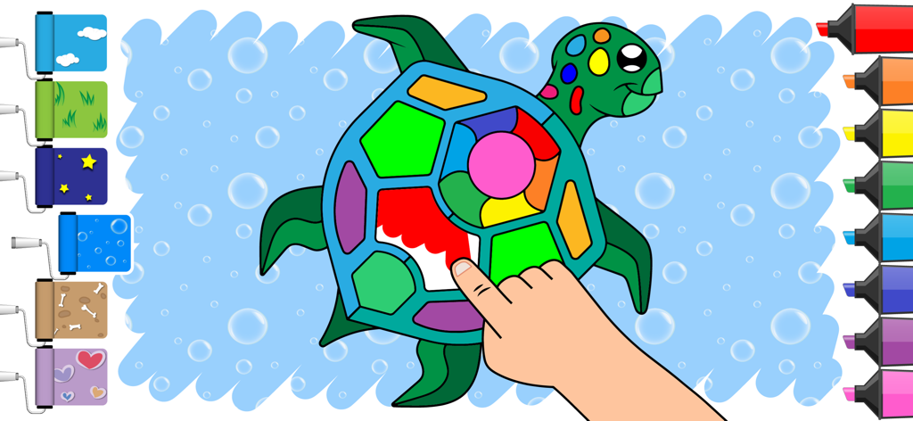 Drawing and coloring for kids - A child's hand coloring a sea turtle in a digital coloring book app