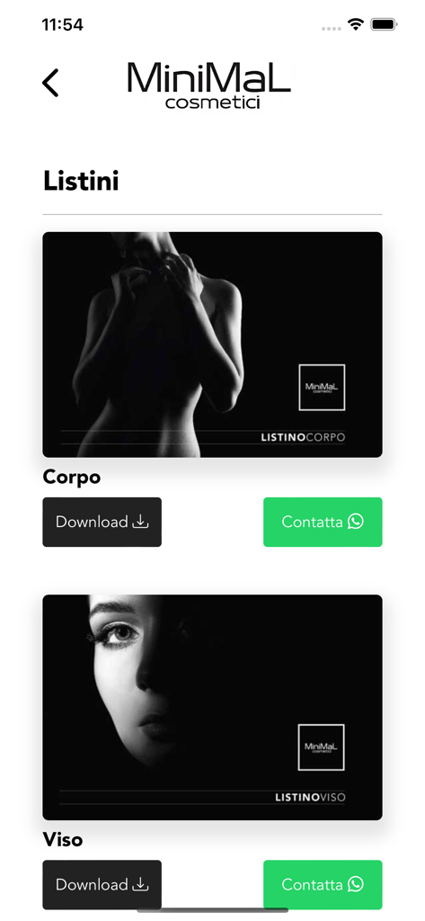 Interfaz de la aplicación Minimal Group Pro que muestra listas de precios profesionales para tratamientos corporales y faciales con botones de descarga y contacto por WhatsApp.