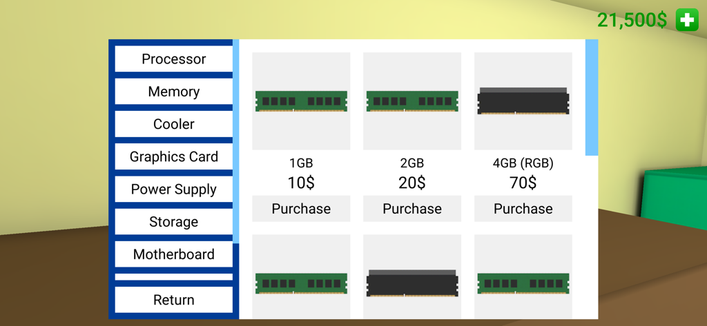 Menú de la tienda del juego en PC Simulator mostrando diferentes módulos de RAM y precios para la construcción de computadoras