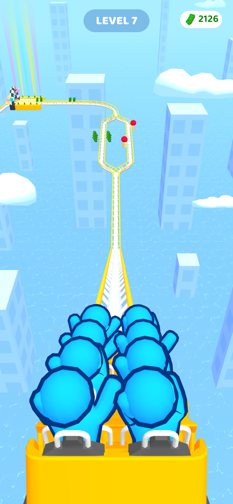 First person view of blue passengers on a roller coaster track in the sky