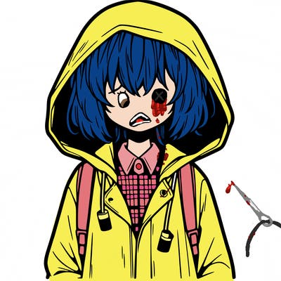 little anime girl in a raincoat her hair is covering her eyes she has a lighter