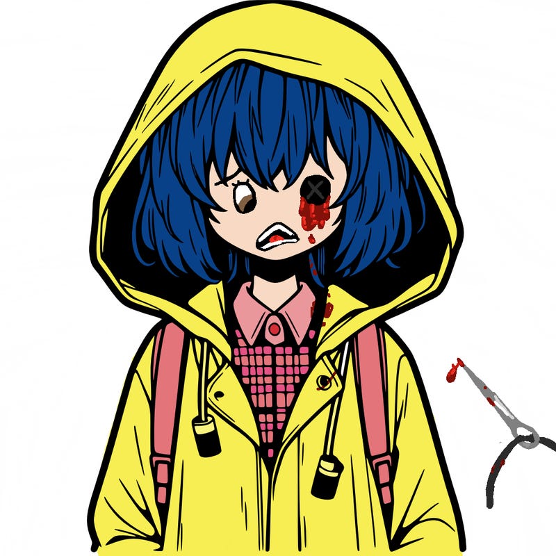 little anime girl in a raincoat her hair is covering her eyes she has a lighter