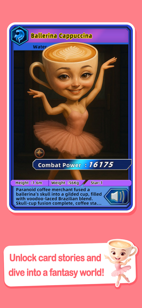 Brainrot Book - Carta de personaje para Ballerina Cappuccina en la aplicación Brainrot Book con estadísticas de combate y lore.