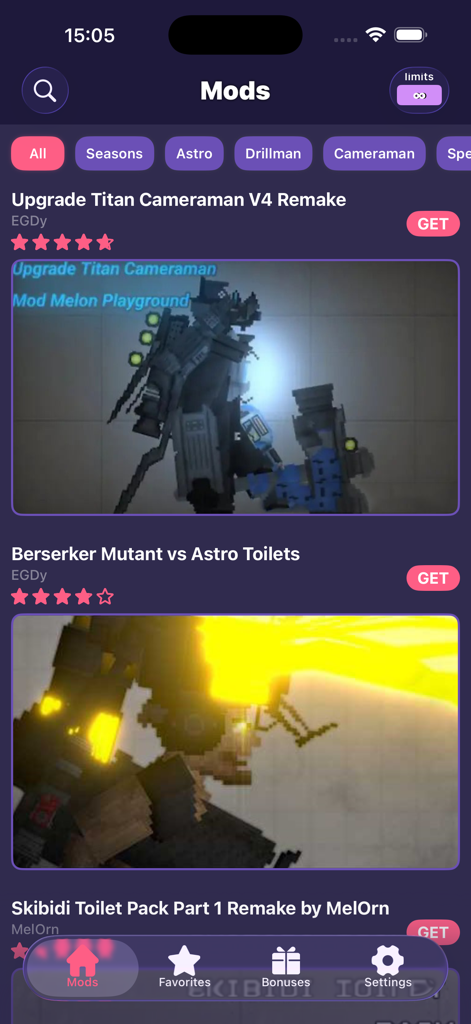 멜론 샌드박스용 Skibidi Toilet 테마 캐릭터를 보여주는 Ragdoll Mods 앱의 메인 화면