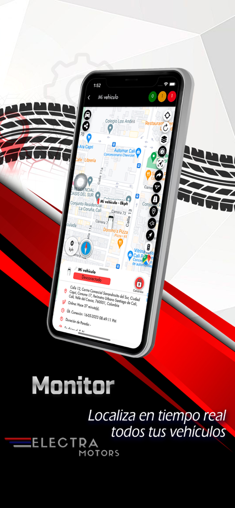 Electra Motors - Electra Motors app showing real time GPS vehicle monitoring on a mobile map