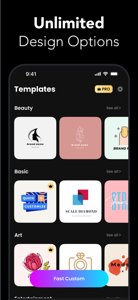 Logo Creator: Label maker - Logolab app interface displaying various customizable logo templates for beauty and business brands.