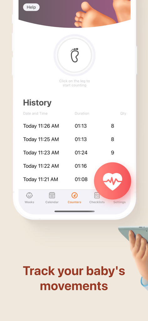 Pregnancy Tracker・App by Moms - A mobile interface from a pregnancy tracking app showing a history log of baby movement counts and a kick counter button