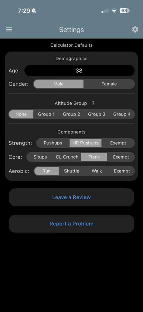 USAF PFA & USSF HPA Calculator - Settings screen for Air Force and Space Force fitness calculator showing test component defaults