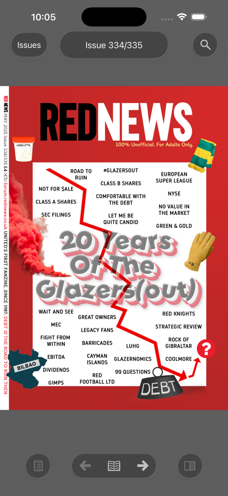 Red News Fanzine - Couverture de l'application fanzine Red News présentant le titre '20 Ans des Glazers dehors' avec des mots-clés et des graphiques de protestation.