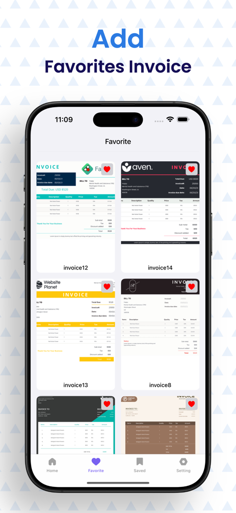 Invoice Maker – Easy Bill PDF - モバイルアプリ画面に、クイックアクセス用に「お気に入り」として保存されたプロフェッショナルな請求書テンプレートのグリッドが表示される