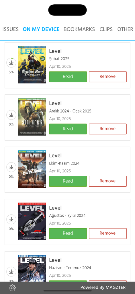 Level Dergisi - A digital library screen in the Level Dergisi app displaying several downloaded gaming magazine issues with cover art and read buttons.