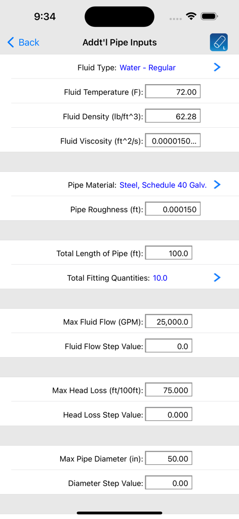 HVAC Pipe Sizer - Liquid - HVAC Pipe Sizer Liquid app interface showing fluid and pipe property input fields