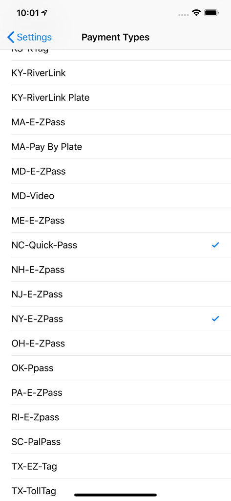 Eine Liste regionaler Maut-Transponder und Zahlungsmethoden wie E-ZPass und Quick Pass in den App-Einstellungen.