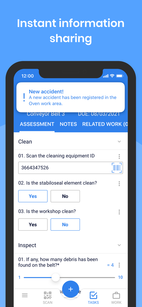 Interface of 4Industry for InTune app showing a new accident alert and a digital inspection checklist for a manufacturing work area.