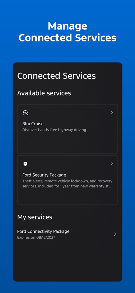 Pantalla de la aplicación Ford para gestionar servicios conectados y suscripciones