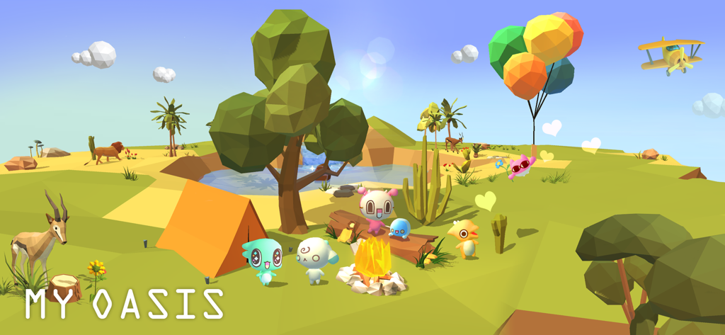 My Oasis: Anxiety Relief Game - Un paesaggio pacifico di un'isola low-poly con animali e un falò nel gioco My Oasis