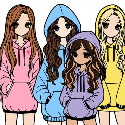 4 girls, one with long straight hair, one with long wavy hair, one with short curly hair, one with short straight hair, all wearing oversized hoodies