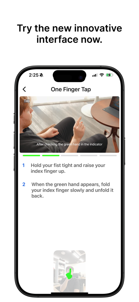 Spatial Touch™ - Pantalla de instrucciones para la aplicación Spatial Touch que demuestra el gesto de "toque con un dedo" para control manos libres