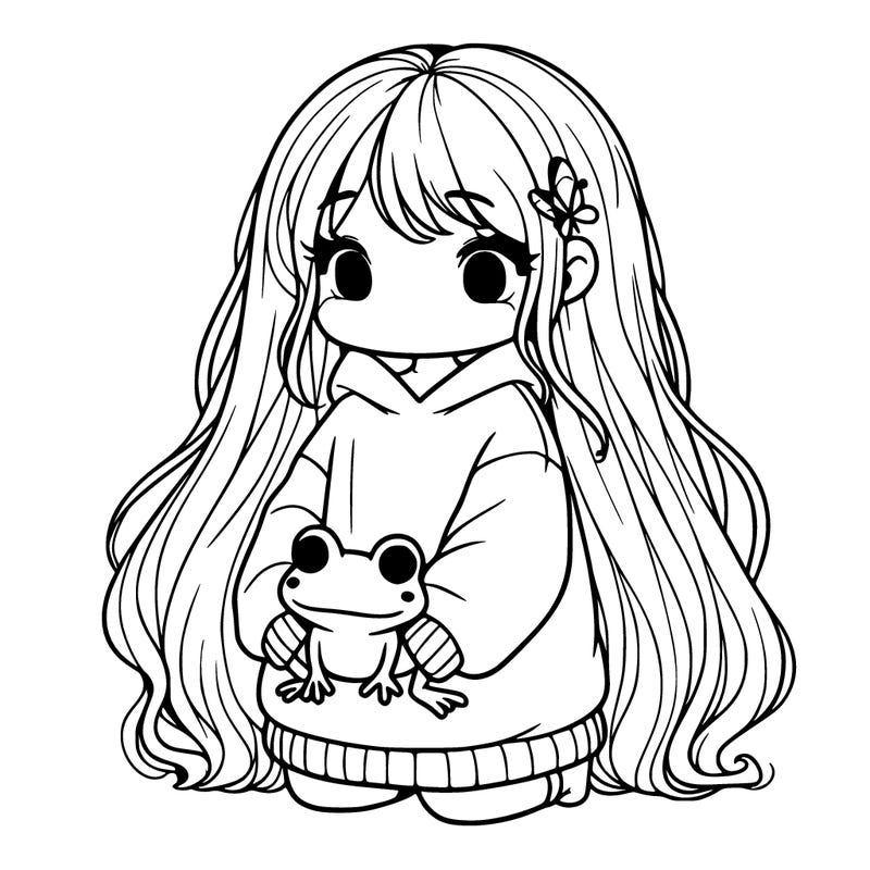 girl with long hair wearing an oversized shirt holding a frog