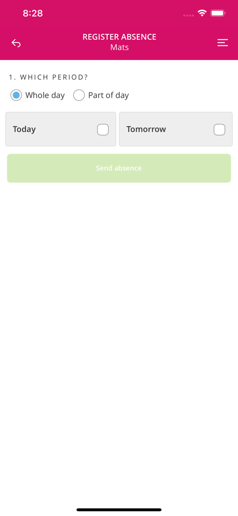 Edlevo - Edlevo mobile app interface showing the register absence screen for a student named Mats with options for whole or part day for today or tomorrow.