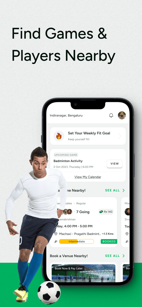 Playo - Sports Community App - Smartphone showing Playo app interface for finding local sports games and players.