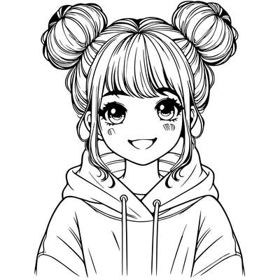 the realistic girl with two buns on her head oversized hoodie nice big smile