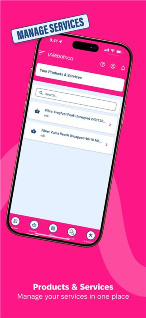 Webafrica app - Webafrica mobile app showing current internet services and fibre products