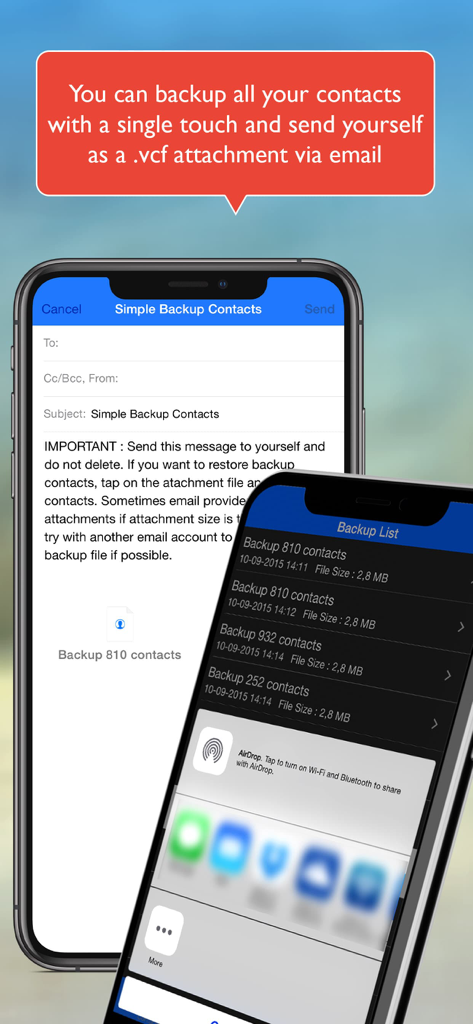 Interface de l'application mobile montrant comment sauvegarder et envoyer des contacts en tant que pièce jointe VCF par e-mail
