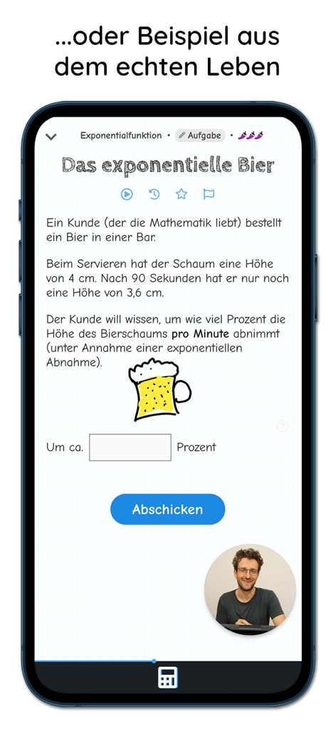 Miranda - Mathe-Nachhilfe - Uma captura de tela do aplicativo de reforço de matemática Miranda mostrando um exercício do mundo real sobre funções exponenciais com uma sobreposição de vídeo do tutor.