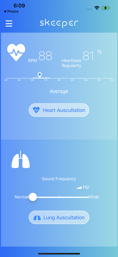 Dashboard di Skeeper Health Mate che mostra la regolarità della frequenza cardiaca e i dati sulla frequenza dei suoni polmonari