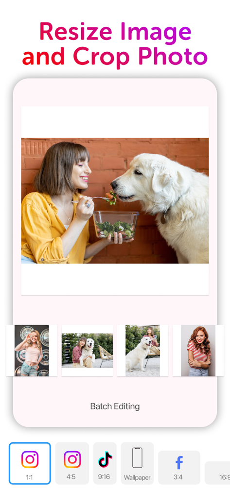 ソーシャルメディアプラットフォーム用の写真のリサイズおよびクロップオプションを表示するCollagePlusアプリのインターフェイス