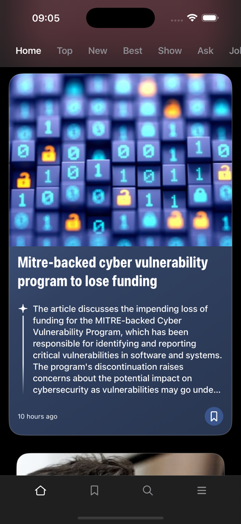 Hazumi for Hacker News - Un elegante feed de noticias móvil para Hacker News que muestra un resumen generado por IA de un artículo de ciberseguridad sobre el programa de vulnerabilidades Mitre.