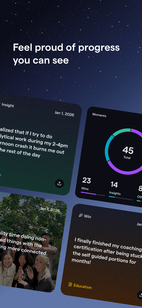 Indy: Your ADHD Copilot - Interface of Indy app showing personal progress insights and wins for ADHD management