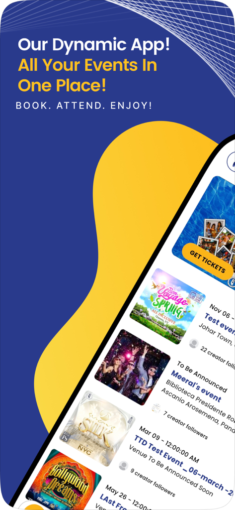 Frontline Ticketing mobile app interface showing various event listings and a booking button.