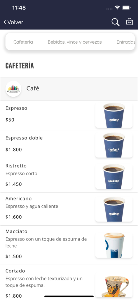by Barcelona - Menú de la aplicación móvil de by Barcelona que muestra opciones de café como Espresso y Americano