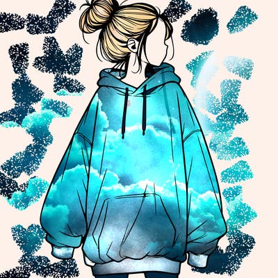 realistic girl with a oversized sweatshirt on and a bun