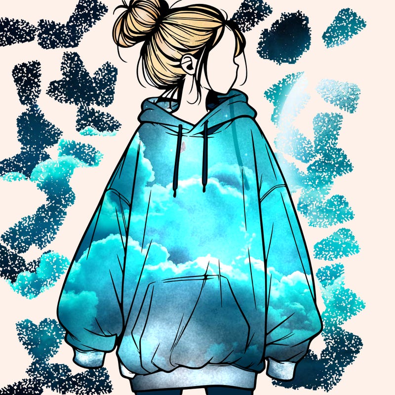realistic girl with a oversized sweatshirt on and a bun