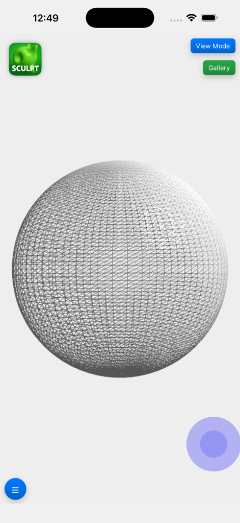 Interface de l'application Sculpt It montrant une sphère 3D en mode filaire avec des commandes d'édition