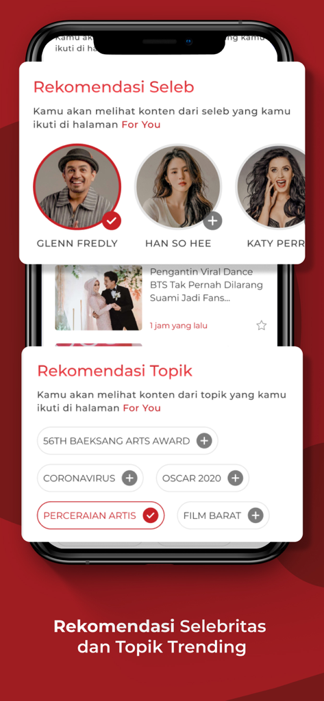 Personalization screen in the InsertLive app showing celebrity and trending topic selection for user recommendations