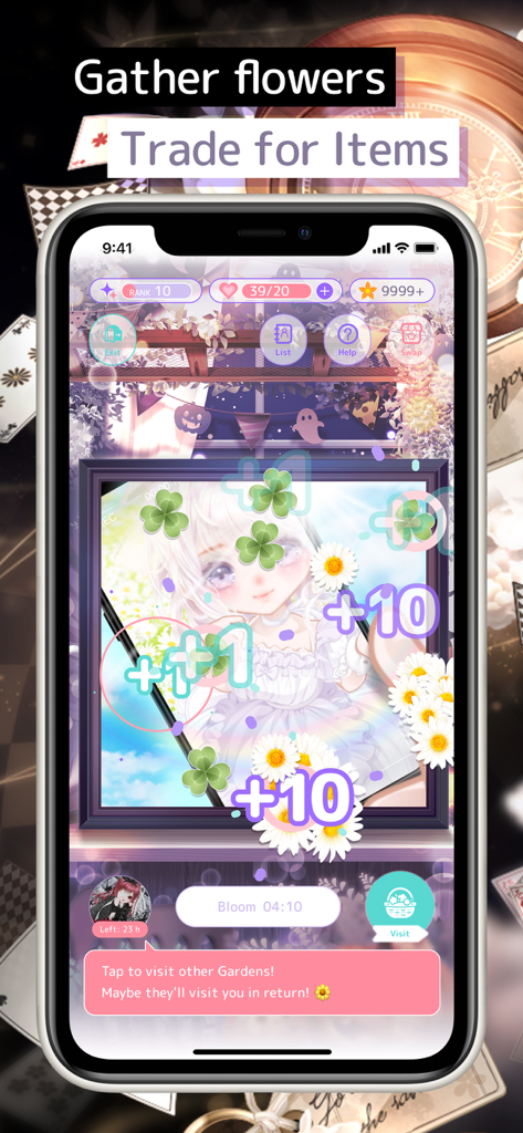 Mobile app screen showing a character with flower collection mechanics and item trade options