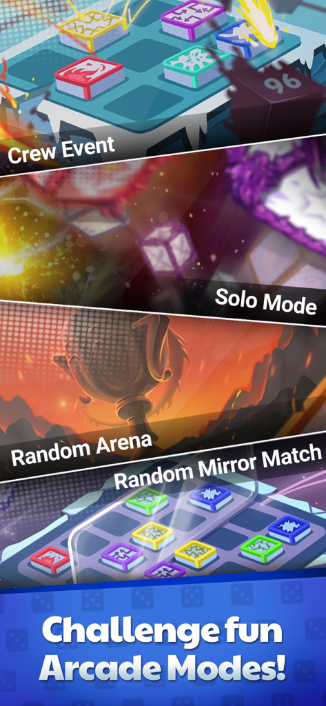 Una selección de modos de juego arcade en Random Dice Defense, incluyendo Modo Solo de Evento de Equipo y Arena Aleatoria