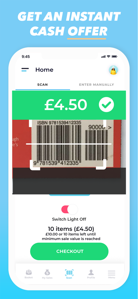 Interface do aplicativo Venda de Volta mostrando um scanner de código de barras fornecendo uma oferta instantânea em dinheiro para um livro.