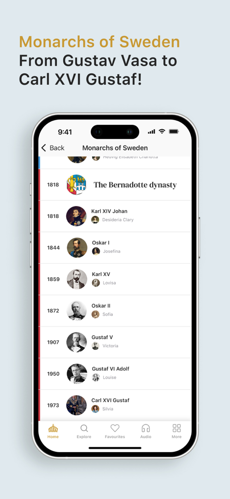 Un teléfono inteligente mostrando una lista cronológica de monarcas suecos con retratos en la aplicación Palacios Reales de Suecia.